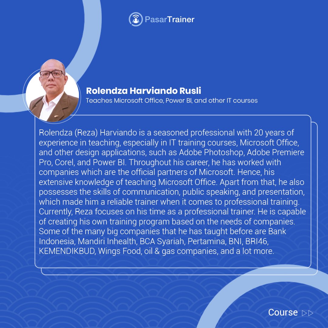 PasarTrainer's tweet image. Say hello to our new trainer: Rolendza Harviando Rusli
Teaches Microsoft Office, Power BI, and other IT courses 

Find what he teaches at: bit.ly/PT_rolendzarus…

#pasartrainer #trainingmarketplace #trainerprofile #hrtraining #LearningAndDevelopment