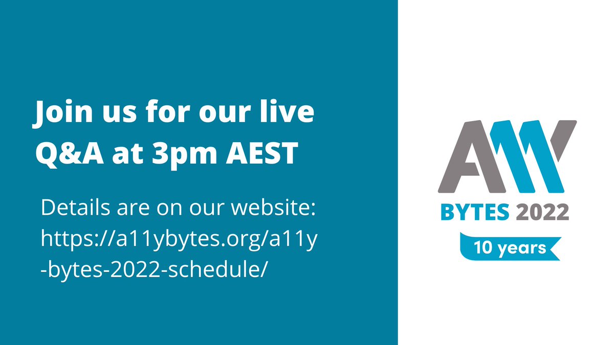 a11ybytes's tweet photo. Join us in 1 hour (3pm AEST) for the final session of #A11yBytes 2022 - a live Q&amp;A with our presenters. Have any questions you want to ask them about their presentations? Now's your chance! Full details are on our website: https://t.co/VbiEeqSkRd #a11y #GAAD https://t.co/0GYk116xb3