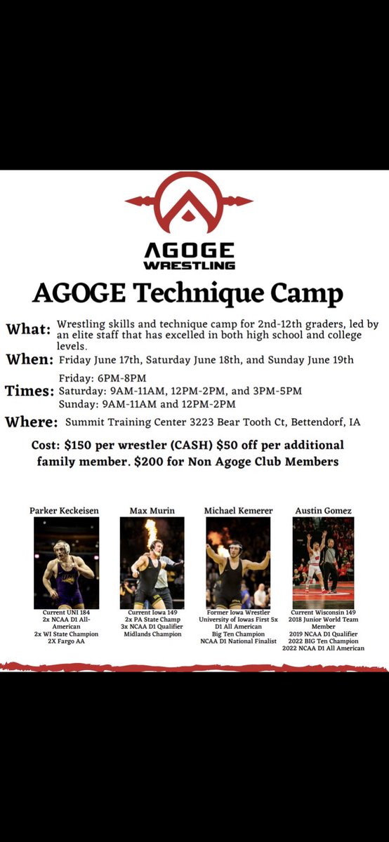 Agoge Wrestling (@agogewc) on Twitter photo Agoge Technique Camp 2022!
June 17-19th we will be bringing in some great guys that have succeeded at every level.
Limited spots are available so private message <a href="/Jschwarm1/">Jacob Schwarm</a> for info.
#RaiseTheStandard ⚔️🛡📈 Agoge Technique Camp 2022!
June 17-19th we will be bringing in some great guys that have succeeded at every level.
Limited spots are available so private message <a href="/Jschwarm1/">Jacob Schwarm</a> for info.
#RaiseTheStandard ⚔️🛡📈