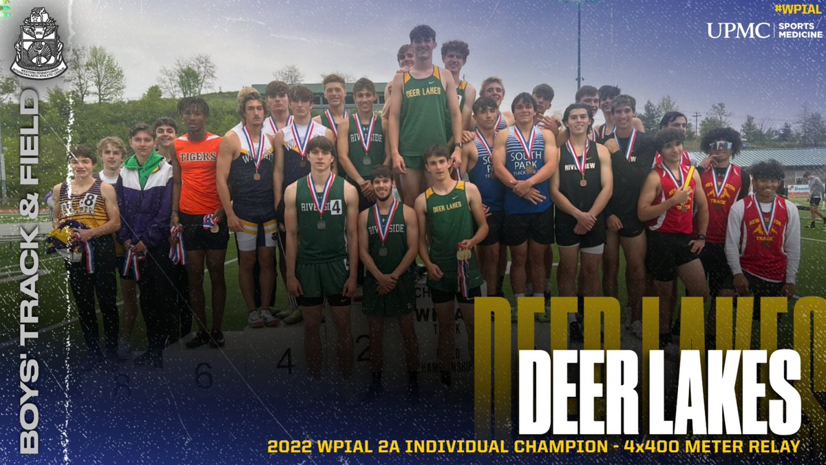 𝐖𝐏𝐈𝐀𝐋 𝟐𝐀 𝐁𝐨𝐲𝐬' 𝐓𝐫𝐚𝐜𝐤 &amp; 𝐅𝐢𝐞𝐥𝐝 𝐈𝐧𝐝𝐢𝐯𝐢𝐝𝐮𝐚𝐥 𝐂𝐡𝐚𝐦𝐩𝐢𝐨𝐧 - 𝟒𝐱𝟒𝟎𝟎 𝐌𝐞𝐭𝐞𝐫 𝐑𝐞𝐥𝐚𝐲

🥇 <a href="/DeerLakesAth/">Deer Lakes Athletics</a> (3:28.08)
🥈 Riverside (3:28.63)
🥉 <a href="/SPSDinfo/">South Park Schools</a> (3:32.61)

#WPIAL | 🎽🏆