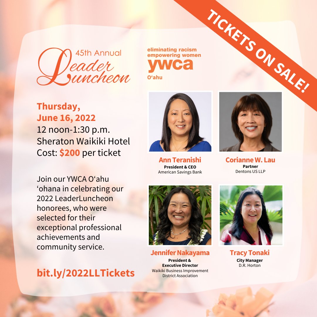 Individual tickets are now on sale for YWCA O’ahu’s 45th Annual LeaderLuncheon! Join us in celebrating outstanding women leaders who have made a profound impact on their community.  bit.ly/2022LLTickets #WomenLeaders