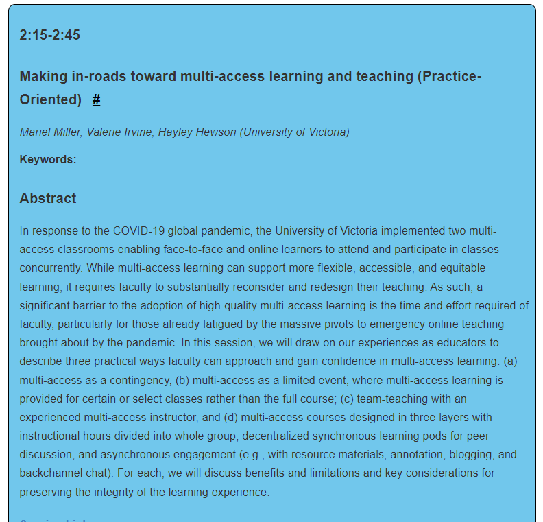 otessa_org's tweet photo. Coming up #OTESSA22 Regular Session
Thursday on May 19 2:15 pm - 2:45 pm EDT in Parallel Session 14.2
Making in-roads toward multi-access learning and teaching
Mariel Miller
Valerie Irvine
Hayley Hewson
University of Victoria
https://t.co/JHb7wpVpbL
#OTESSA22 #congressh https://t.co/ewylBEHvAE