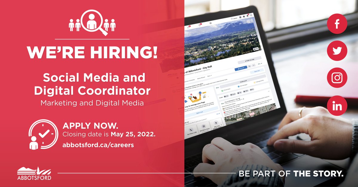 HenryBraun_'s tweet photo. #BePartOfTheStory with this incredible opportunity.
โฌ๏ธโฌ๏ธโฌ๏ธ
@City_Abbotsford seeks an individual to join our team as Social Media + Digital Coordinator. If you're forward-thinking, creative, and enthusiastic, #PleaseApply before May 25: https://t.co/uf1mOjtbj8
#AbbotsfordBC #YXX https://t.co/FOM2zgT9tp