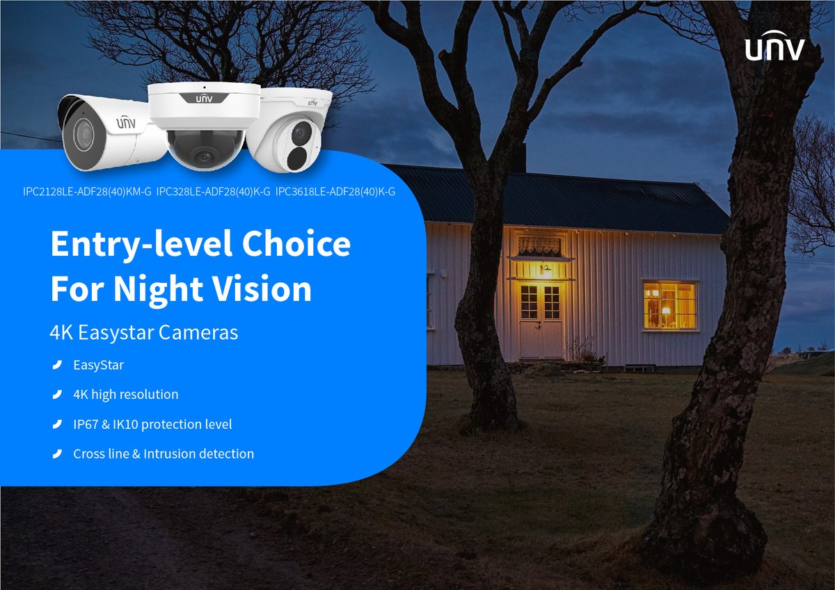 UniviewTech's tweet image. Are you looking for an entry-level camera to guard your house? Maybe UNV 4K Easystar cameras can meet your need! With features like 4K high resolution, IP67 and intrusion detection, these products deserve to be your first choice!
global.uniview.com/Products/Camer…
#Uniview #entrylevelcamera