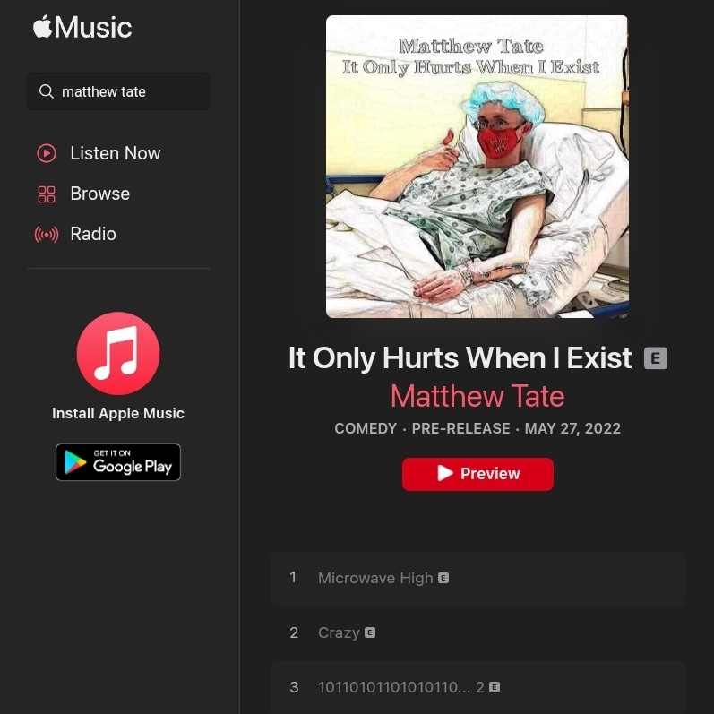 ComedianTate's tweet photo. "It Only Hurts When I Exist" is available for pre-order NOW! Get it today for early access to track 13, "Survivors". #ItOnlyHurtsWhenIExist #HSVcomedy https://t.co/5szjFIZpOW