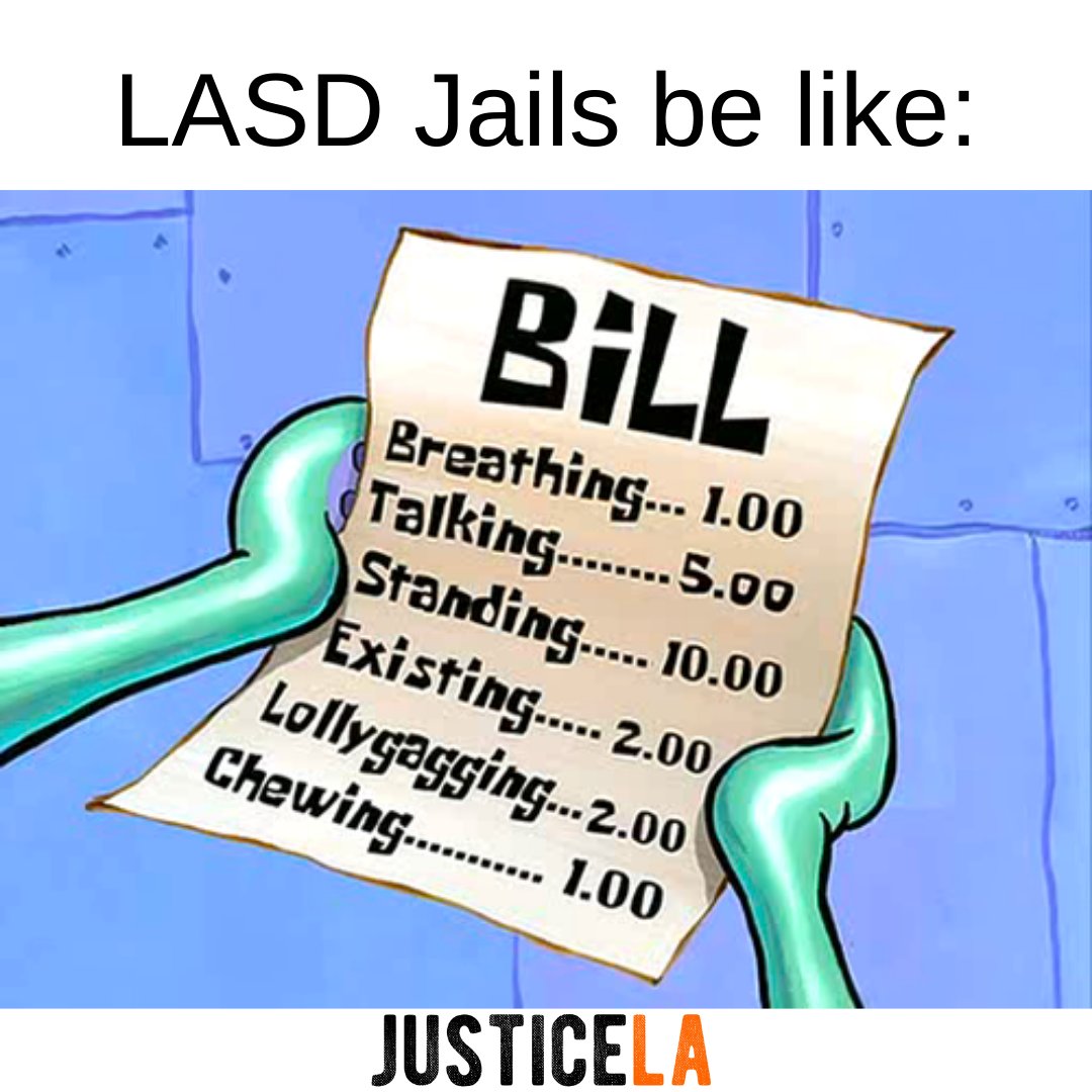 LASD forces incarcerated people to pay ridiculous prices for hygiene, food, phone calls, and more. Help us tell the LA County Board of Supervisors to #StopLASDHeists❗️
💥 Toolkit👉🏾 bit.ly/LASDHeists
#PayingMoreforLess  #CarenotCages #JusticeLA #GoogleLASDGangs
@JusticeLANow