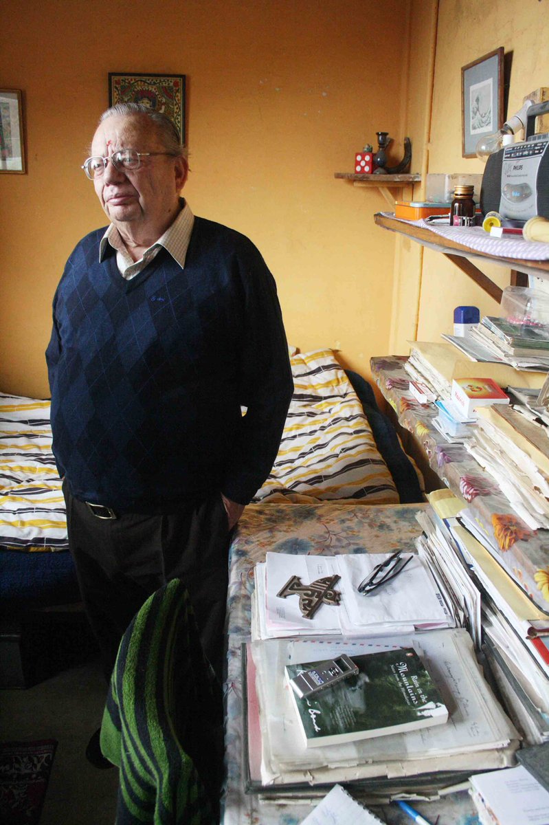 Misty hills, night trains, haunted spirits, leaping langurs, mountain air, unhappy women and lonely children make the world of Ruskin Bond… today is the beloved writer’s 88th Happy Birthday! Greetings, Mr Bond! Snapped this pic at his home in the mountains—inside his bedroom!