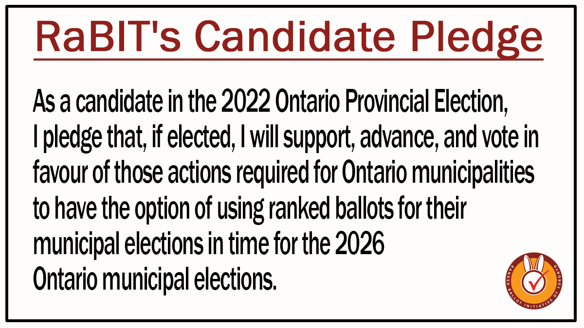 TorontoRaBIT's tweet photo. We’re asking provincial candidates to pledge to #RestoreLocalChoice by enabling the use of #RankedBallots for municipal elections in Ontario.
Ask the candidates in your riding to take the pledge.
#onpoli #OntarioVotes #OntarioElection2022 https://t.co/AgXLAAc5JM