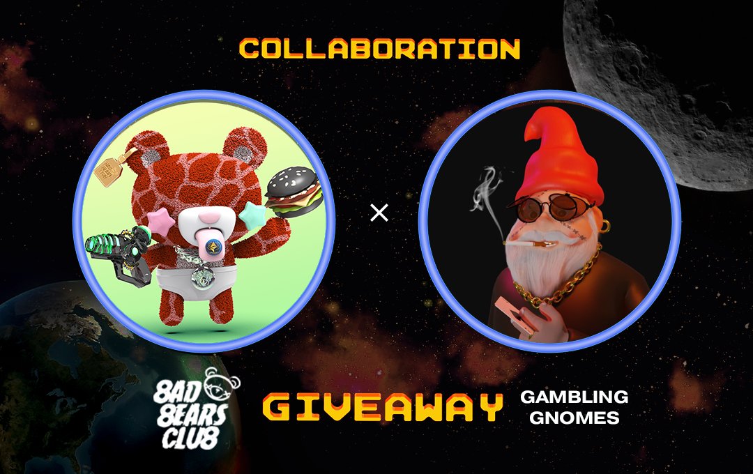🧸BadBearsClub x GamblingGnomes🎰 

🎁10x BadBears WL Spots
🎁25x Raffle WL Spots (FCFS in discord)

🎁20x Gambling Gnomes WL Spot

1⃣ ❤️+ RT &amp; Tag 3 Frens
2⃣Follow @BadBearsClubNFT @GamblingGnomes
3⃣Join DC
 discord.gg/badbearsclub
 discord.gg/gamblinggnomes

48hrs
#NFT #NFTs #GM