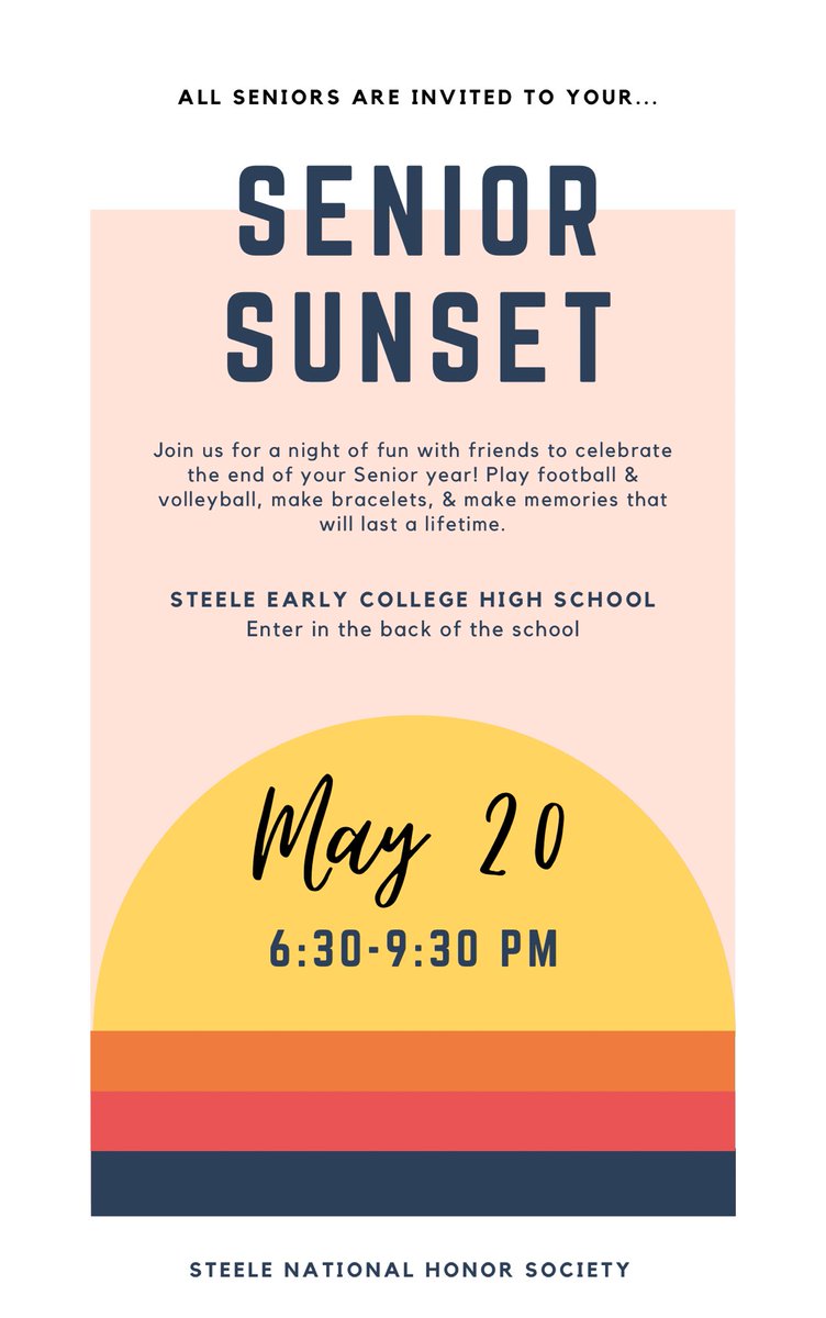 HonorSechs's tweet photo. Seniors! Senior Sunset is coming up THIS FRIDAY, May 20, from 6:30-9:30 PM! 

Join us for a night of fun to celebrate the end of your Senior Year. We are excited to see everyone there! @JMSteeleAHS https://t.co/zfZWhEaph1