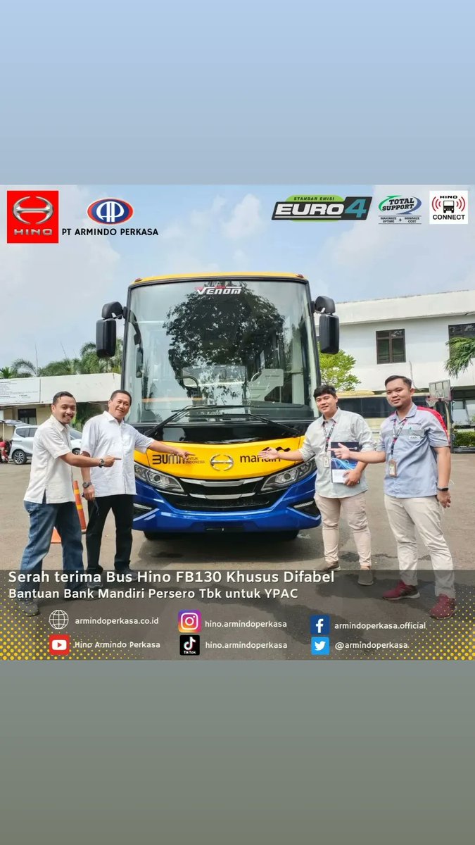 armindoperkasa's tweet photo. Serah terima bus Hino FB130 Khusus Difabel, Bantuan Bank Mandiri Persero TBk Untuk YPAC bekerjasama dengan Armindo Perkasa dan karoseri Tentrem.
#hinoid #hinoalwayswithyou #hinoarmidoperkasa #hinoeuro4 https://t.co/tF6K9lOoGC