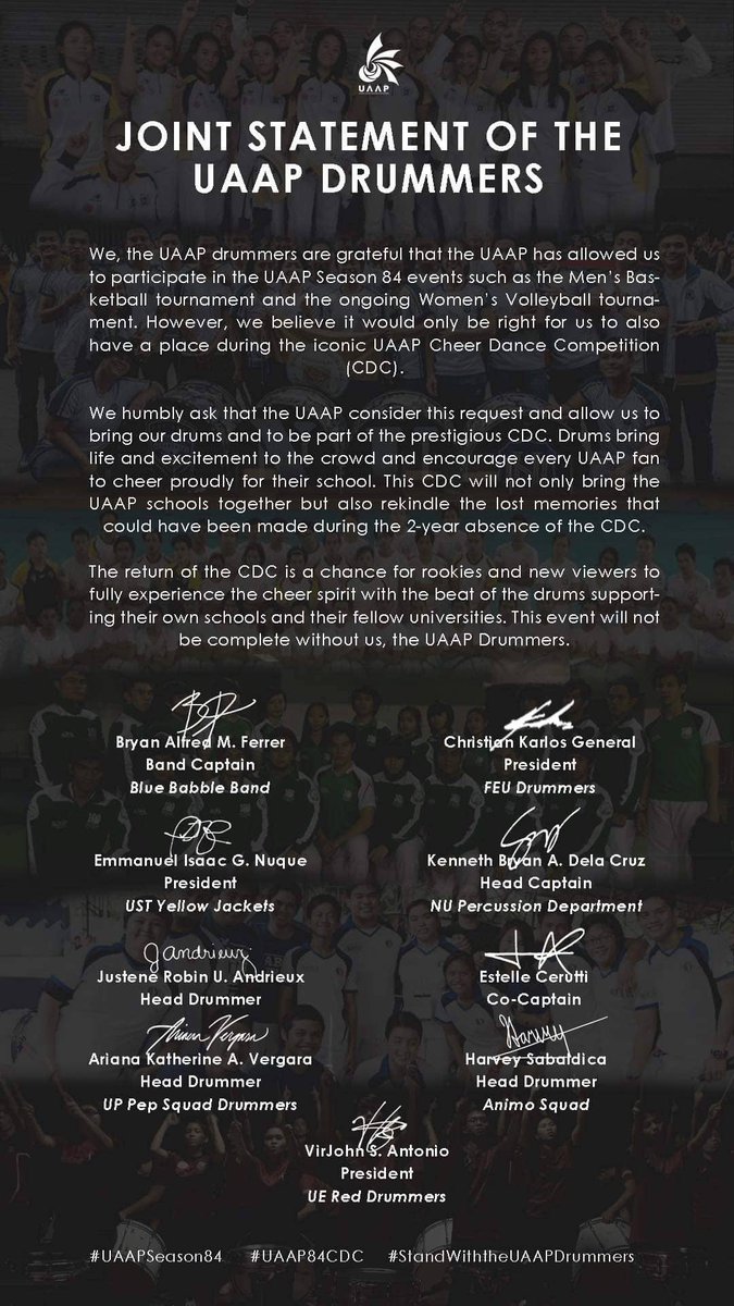 tinigngplaridel's tweet photo. LOOK: Drummers from the nine competing schools of the UAAP released a statement today calling to play in the tournament's cheerdance competition on May 22 at the Mall of Asia Arena.

#UAAPSeason84
#UPFight
#AtinTo https://t.co/aFKj2zPaXO