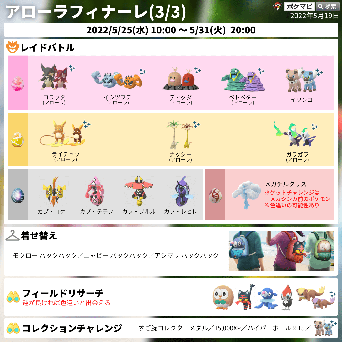 ポケモンgo攻略情報 ポケマピ アローラフィナーレ開催 期間 5 25 水 朝10時 5 31 火 時まで スペシャルリサーチ アローラフィナーレ カプ四神の総登場 カラカラを特別な技 シャドーボーン を覚えたアローラガラガラに進化できる 準備