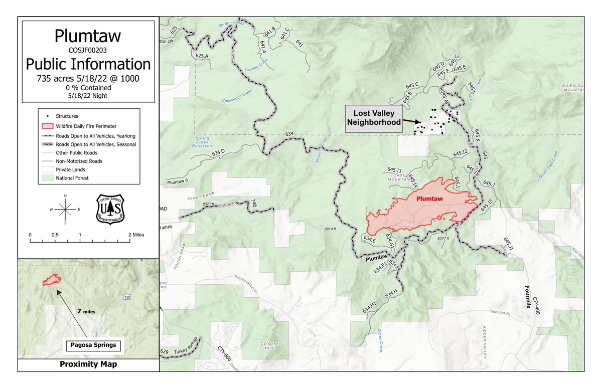 SanJuanNF's tweet photo. The #PlumtawFire is now 735 acres, following a day with moderate cloud cover that limited fire behavior and provided an opportunity for crews to improve lines. Red flag warnings are in effect the next two days, bringing challenges. More on InciWeb: https://t.co/1xrC1WubBC https://t.co/ubFbjIxCk9