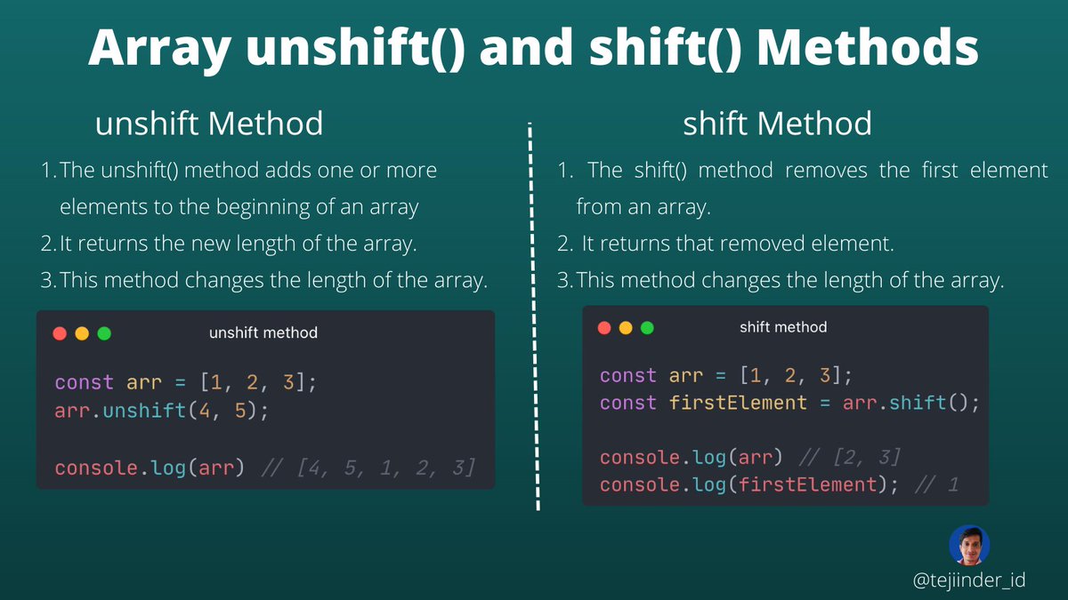 tejinder_id's tweet image. Array unshift() and shift() Methods in JavaScript.