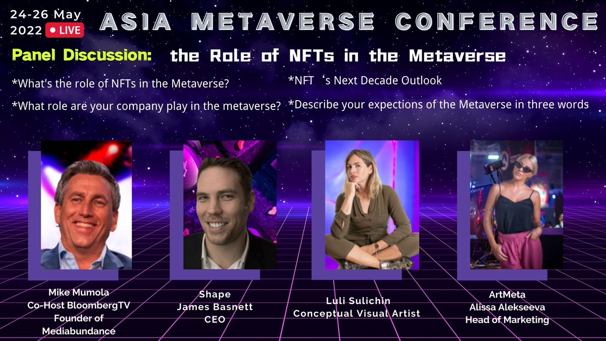 Metaverse_C1ub's tweet image. 📌#TopicPreview the Role of NFTs in the Metaverse

Moderator:@MikeMumola  
Panelist:@jamesbasnett
Panelist: @LuliSulichin 
Panelist: @ArtMeta #AlissaAlekseeva

📅 Date: May 24- May 26 2022 ⏰

🚀 Ticket: lb.benchmarkemail.com//listbuilder/s…

📖 More Info: metaverse-club.net

#Metaverse