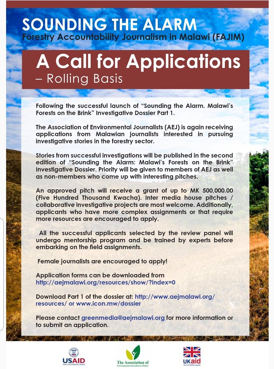 Opportunity for journalists working in Malawi to apply for small grants that will support them write investigative stories on the country's deforestation crisis.
#SoundingTheAlarm
#FAJIM #MCHF
  @OnlineMij @NationOnlineMw @Times360Malawi  @USAIDMalawi @FCDOGovUK  @UKinMalawi