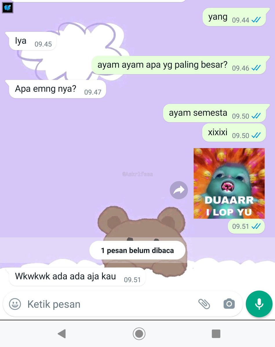 Askrlfess's tweet photo. [askrl] gua tau ni, pasti cowo gua udh tau jawaban tebak tebakan receh gini. tapi kenapa si gemes bgt masih ngerespon gua, hal kecil gini aja kadang bikin ngerasa dihargaiii🥺 https://t.co/PxVEGne2tw