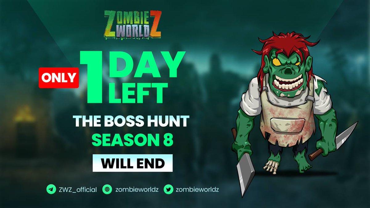 ONLY ONE DAY LEFT THE BOSS HUNT SEASON 8 WILL END

⏳ TIME: 00:00 UTC May 14, 2022 to 00:00 UTC May 20, 2022

💥 The total reward for each season of Boss Hunt is 100,000 $ZwZ and 30,000 $Brain.

👉 More details of the reward: zombieworldz.substack.com/p/specific-upd…