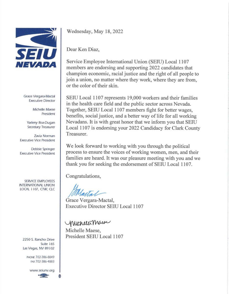 kendiaz4office's tweet photo. With 18 years of public service working at Clark County, this endorsement by the SEIU Local 1107 is an honor! #kendiaz4office #electken #clarkcountynv #elections https://t.co/JuCg0zx6zn