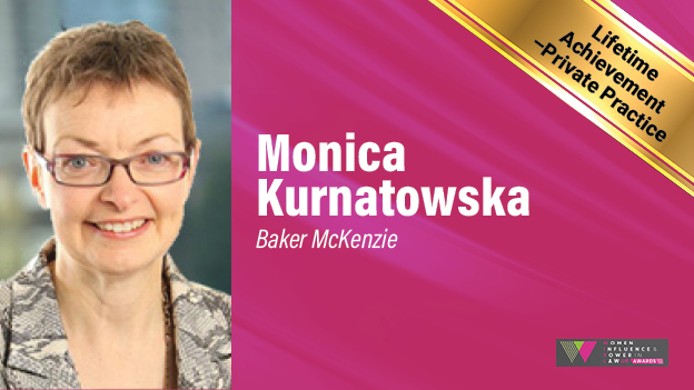 LegalWeek's tweet photo. WINNER: Lifetime Achievement - Private Practice

Congratulations Monica Kurnatowska of @bakermckenzie! As her firm’s co-lead of global diversity and inclusion service line, she has tackled a range of diversity topics with clients, many of them impacting women.

#WIPLUKAwards https://t.co/bsaOJSCCPz