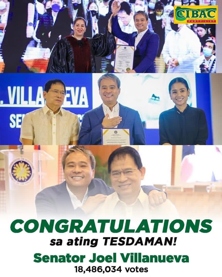 CIBAC_PartyList's tweet photo. Sa ikalawang pagkakataon, maipagpapatuloy niya ang tapat na serbisyo para sa ating mga Pilipino. Congratulations, CIBAC Party-List President Sen. Joel Villanueva! 

We are proud of you! https://t.co/9nLPH82Bvt