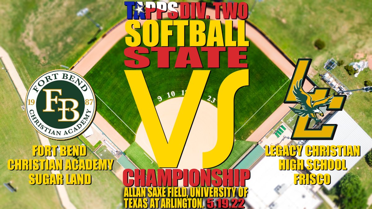 Div.2 Championship 🥎🏆Thursday, May 19, 2:30PM
Ft. Bend Christian Academy vs. Frisco Legacy <a href="/LCAfrisco/">Legacy Christian Academy Eagles Athletics - Frisco</a> <a href="/FBCAathletics/">Fort Bend Christian Academy Athletics</a> 
📍 Allan Saxe Softball Field 
🎟 tapps.biz/tickets
📺 tappstvnetwork.com/TAPPSTV/
🎙 tapps.biz/radio/ (free)
👉 bit.ly/3PsLHSr