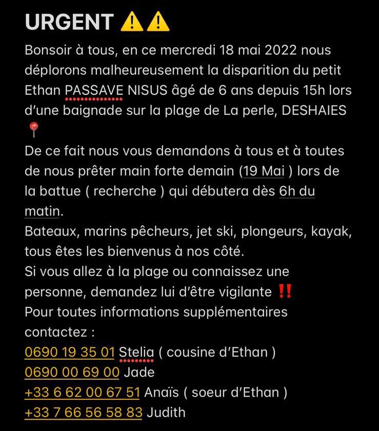 resca_media's tweet photo. 👮 #Guadeloupe : Un garçon de 6 ans est porté disparu à Deshaies, il se serait éventuellement noyé en mer à la plage de Rifflet. Une battue est organisée dès 6h du matin ce 19 mai pour retrouver le jeune garçon. [Communiqué] https://t.co/88wzaCHYzv