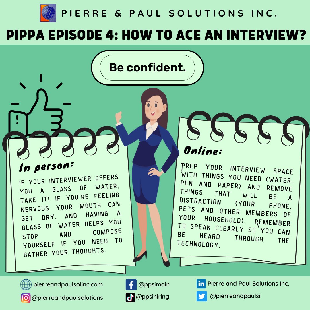 pierreandpaulsi's tweet photo. PIPPA EPISODE 4: HOW TO ACE AN INTERVIEW?

𝓒𝓸𝓷𝓯𝓲𝓭𝓮𝓷𝓬𝓮 𝓲𝓼 𝓮𝓿𝓮𝓻𝔂𝓽𝓱𝓲𝓷𝓰.

Practice your answers beforehand so you don't ramble or get tongue-tied during the interview. And remember that practice can make it perfect!

#PPSIHiring
#BECONFIDENT
#HowToAceAnInterview https://t.co/AQ3gCH4cXX