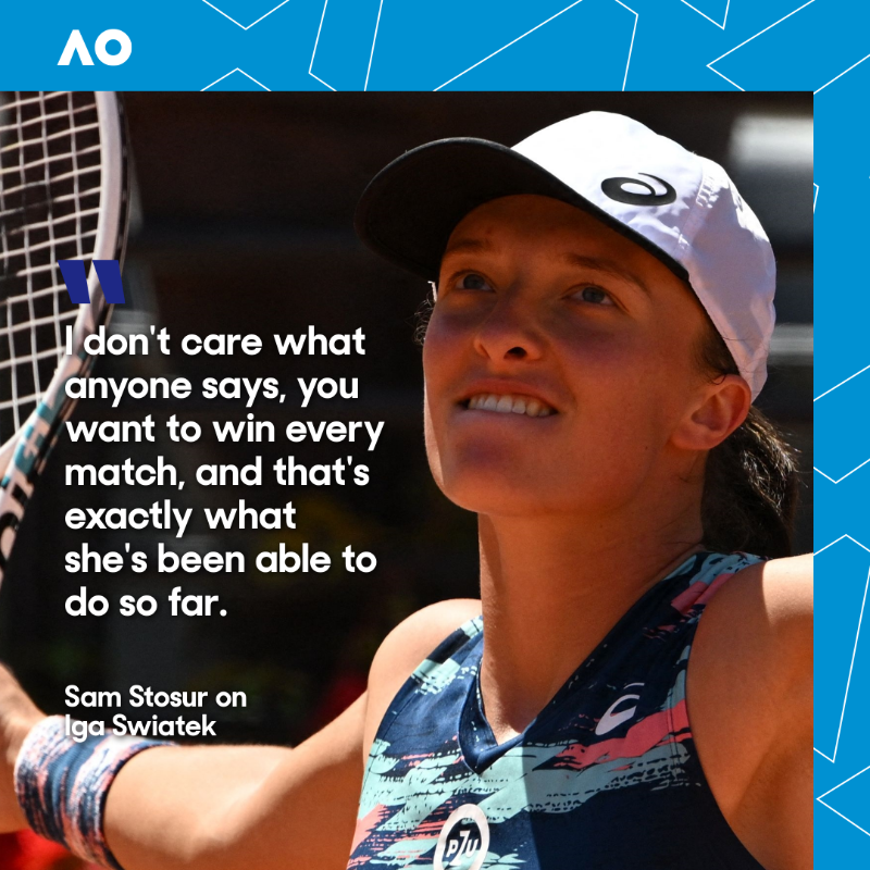 AustralianOpen's tweet photo. 🔥 28-match winning streak
💪 42 of her past 43 sets won

Sam Stosur is enjoying watching @iga_swiatek reach incredible heights 🚀

#RolandGarros • @bambamsam30