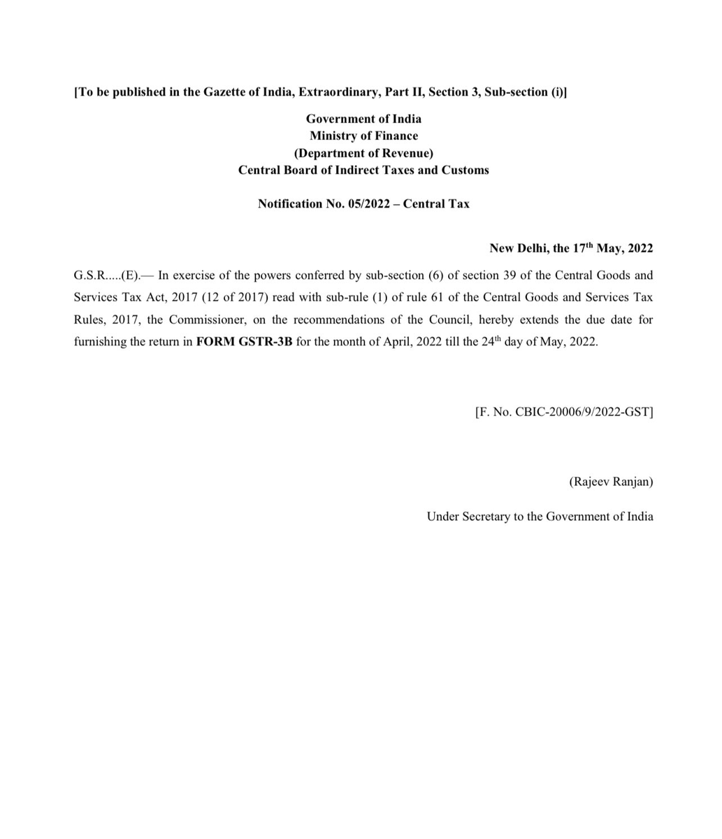 tax_knowledge's tweet photo. Due date for filing FORM GSTR-3B for the month of April, 2022 has been extended till 24th May, 2022 (refer notification No. 05/2022-Central Tax  dated 17.05.2022).

(1/2) https://t.co/PM8fjRcG8x