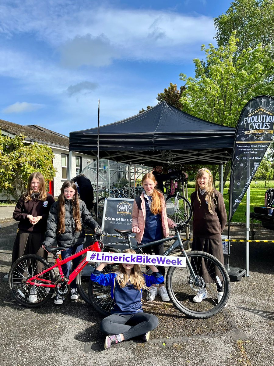 ScoilIde's tweet photo. Thanks to Chris & Barry from @evocyclesie who serviced over 50 childrenโs bikes as part of #LimerickBikeWeek With generous funding from @LimerickCouncil everybody can ride safely #BikeWeek๐ดCredit to Mr O' Donoghue for organising this event as we continue to promote active travel https://t.co/Chp0PGKt5T