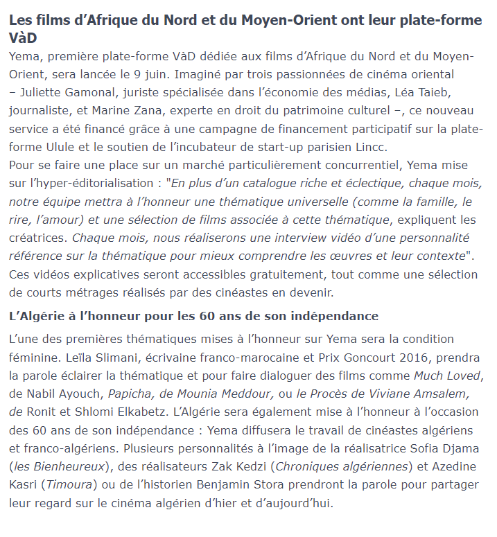 ContactYema's tweet photo. Aujourd'hui YEMA.VOD est dans la newsletter @ecrantotal "spéciale Cannes" du jour 🎉 https://t.co/tnxfCBgx9I https://t.co/Q59xG8WFRV
