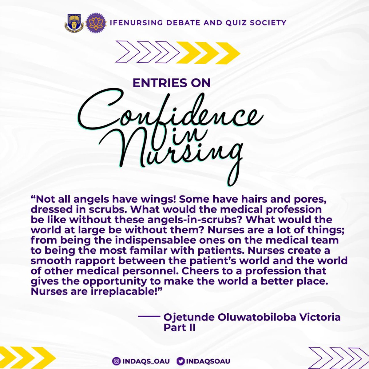 IndaqsOAU's tweet photo. Last week, we opened our Instagram page to receive entries from nurses around us who would love to share their view on what *CONFIDENCE IN NURSING* means to them. 
The slides below are showing the responses we received. 
(A thread).
1/2 https://t.co/hmQvRPDBLD