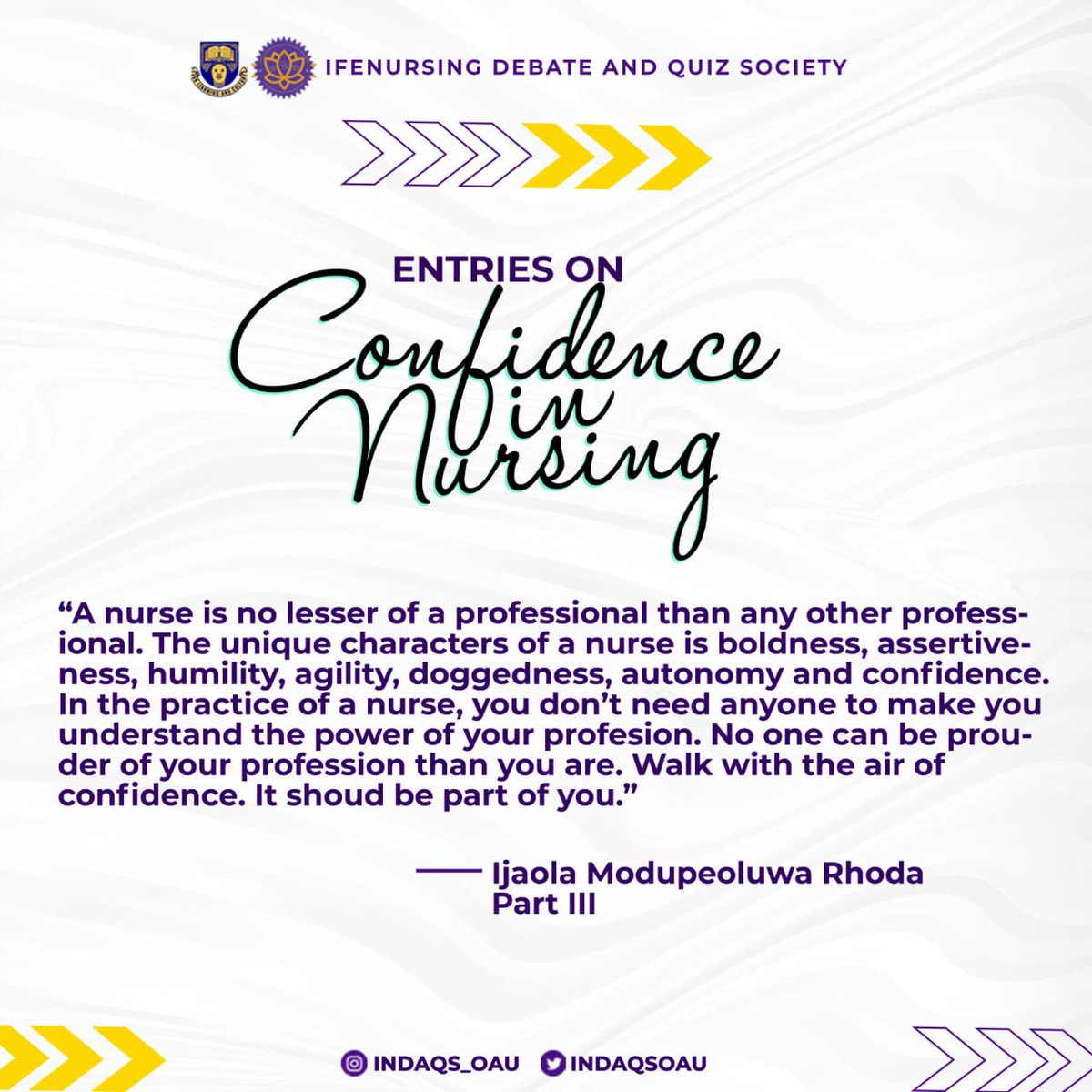 IndaqsOAU's tweet photo. Last week, we opened our Instagram page to receive entries from nurses around us who would love to share their view on what *CONFIDENCE IN NURSING* means to them. 
The slides below are showing the responses we received. 
(A thread).
1/2 https://t.co/hmQvRPDBLD