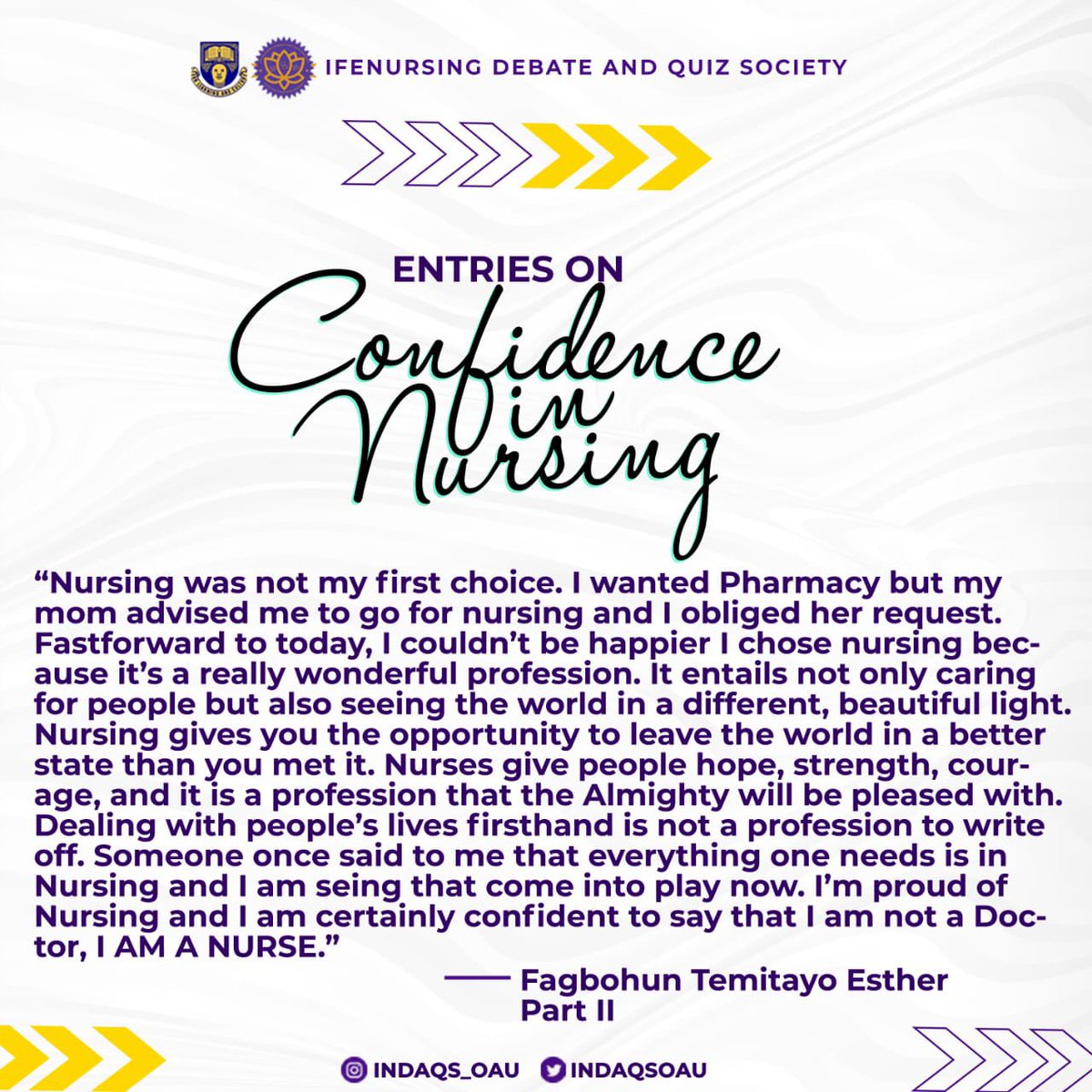 IndaqsOAU's tweet photo. Last week, we opened our Instagram page to receive entries from nurses around us who would love to share their view on what *CONFIDENCE IN NURSING* means to them. 
The slides below are showing the responses we received. 
(A thread).
1/2 https://t.co/hmQvRPDBLD