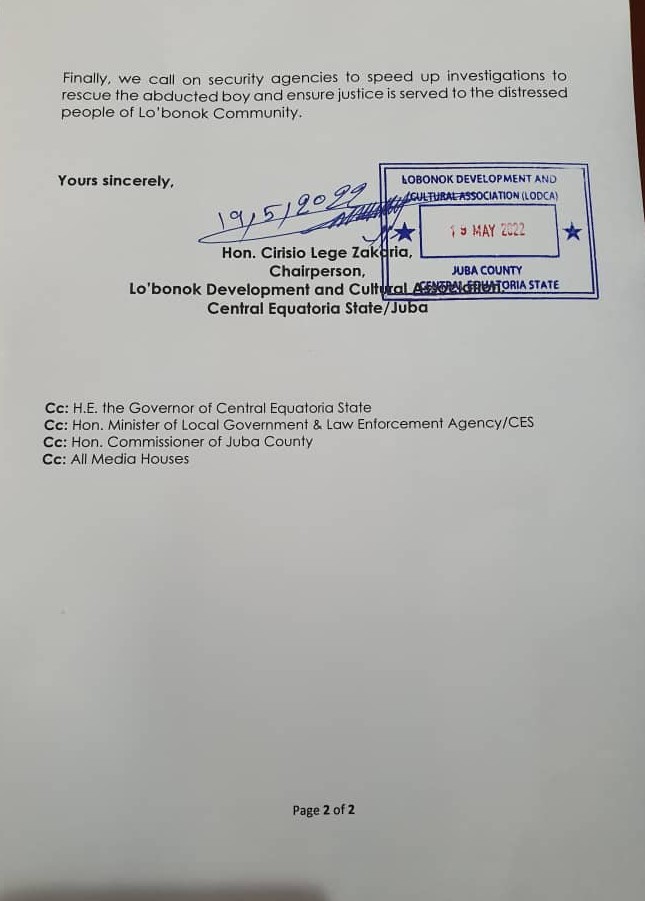 Condemnation Letter by Lo'bonok Development and Cultural Association on the recent inhuman and barbaric act by Bor Cattle herders in Lo'bonok on 16/5/2022