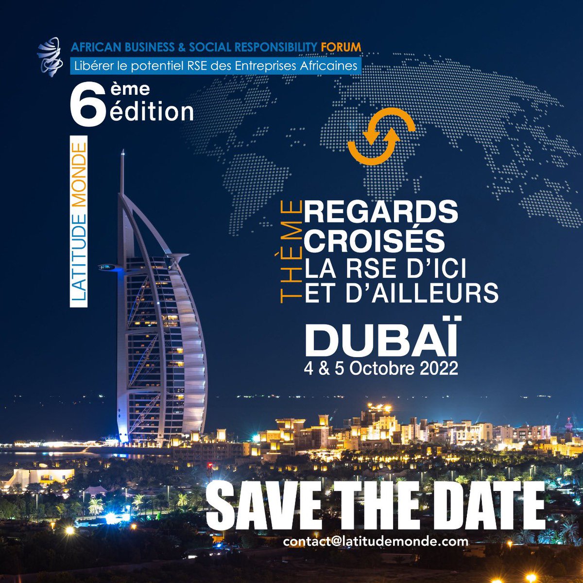 Cap sur Dubaï pour la 6ème édition de l'African Business and Social Responsibility Forum avec LATITUDE MONDE.

📍Date et lieu : 4 &amp; 5 octobre 2022, Jumeriah Dubaï 

💡Thème: Regards croisés, la RSE d’ici et d’ailleurs 

En savoir plus ➡️  africa-businessforpeople.com/fr/

#absrforum #rse