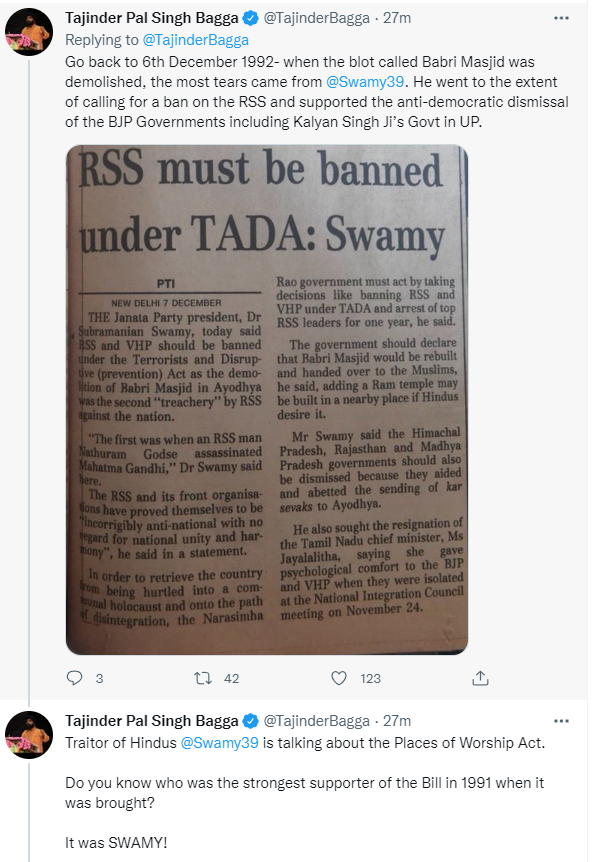 ANI's tweet image. BJP leader Tajinder Pal Singh Bagga slams Subramanian Swamy over the latter&apos;s tweet on the Places of Worship Act, 1991.