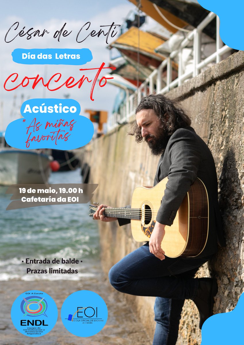 Esta tarde, ás 19.00 h, seguimos a celebrar unha Semana das Letras tinxida de pesar polo pasamento de Domingo Villar. Tentaremos renderlle a nosa humilde homenaxe co recital do cantautor César de Centi. Pásate e goza dun anaquiño das letras (cantadas) galegas. #letrasgalegaseoi