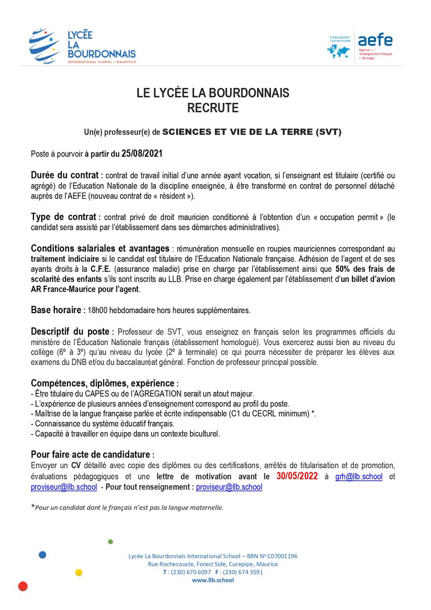LLBmaurice's tweet photo. Dans l'attente de la publication du nouveau statut des personnels détachés auprès de l'#AEFE, le #LycéeLaBourdonnais #recrute dans un 1er temps, en #contratlocal, pour la #rentrée2022 sur les postes suivants :
- #ÉconomieGestion (Série technologique #STMG)
- #Mathématiques
- #SVT https://t.co/HK4kV6bZfA