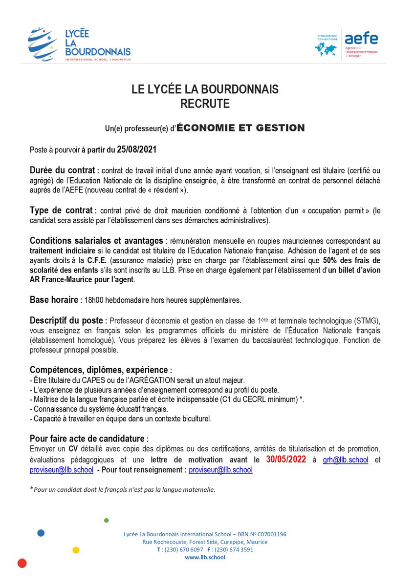 LLBmaurice's tweet photo. Dans l'attente de la publication du nouveau statut des personnels détachés auprès de l'#AEFE, le #LycéeLaBourdonnais #recrute dans un 1er temps, en #contratlocal, pour la #rentrée2022 sur les postes suivants :
- #ÉconomieGestion (Série technologique #STMG)
- #Mathématiques
- #SVT https://t.co/HK4kV6bZfA