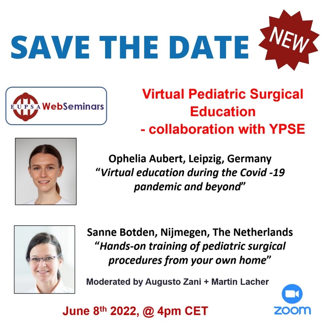 #EUPSAwebseminarsSeries2022
🚩Mark your agenda 
👉next event is on June 8th at 4.00 pm CET
🖍️register now bit.ly/37Vd5Yq

<a href="/martin_lacher/">Martin Lacher</a>  <a href="/augusto_zani/">Augusto Zani</a>  <a href="/SanneBotden/">Sanne Botden</a>
 <a href="/Me4Ped/">#SoMe4PedSurg</a> <a href="/cryptovitas/">Meded</a> <a href="/EventCentralMe/">Event Central</a>
 
#pediatricsurgery #MedTwitter #virtualpedsurg
