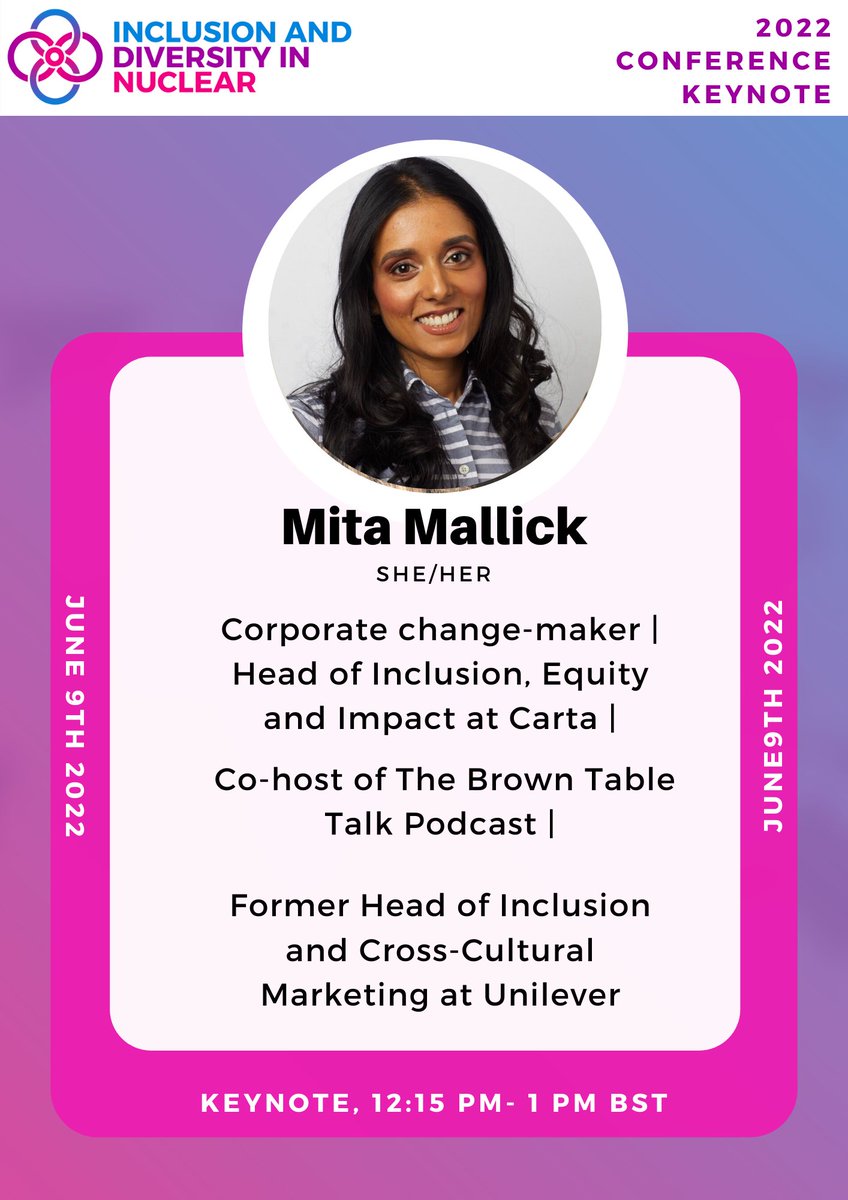 idnuclear's tweet photo. Our keynote panellist will be EDI superstar Mita Mallick (@MitaMallick2)

A corporate change-maker with a track record of transforming businesses, Mita provides a voice to innovative ideas.

#IDN2022 https://t.co/g6bz35gBRE
