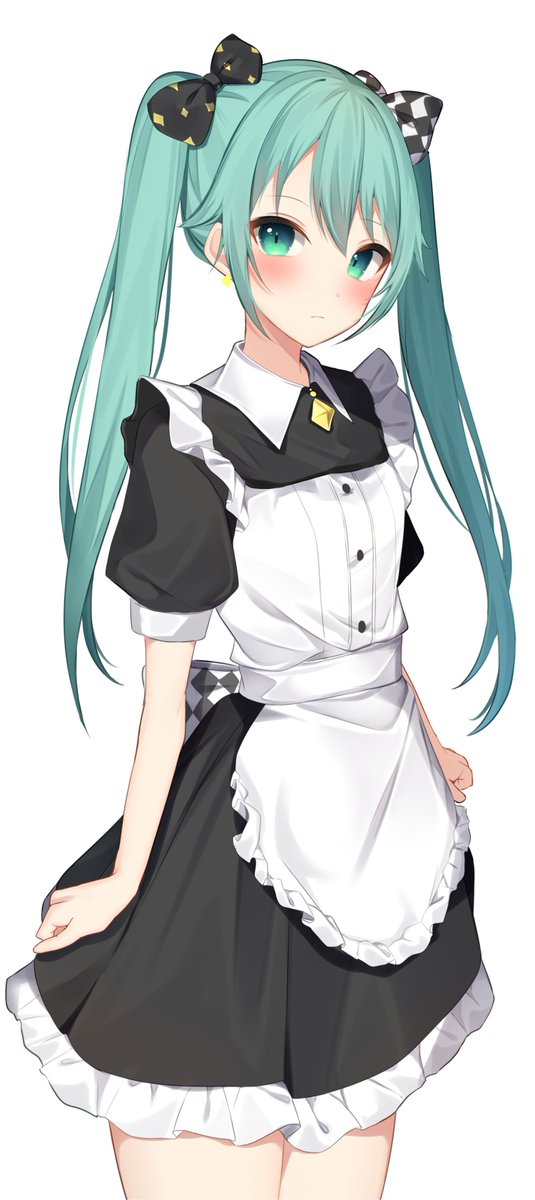 hatsune miku 1girl solo twintails white background apron long hair simple background  illustration images