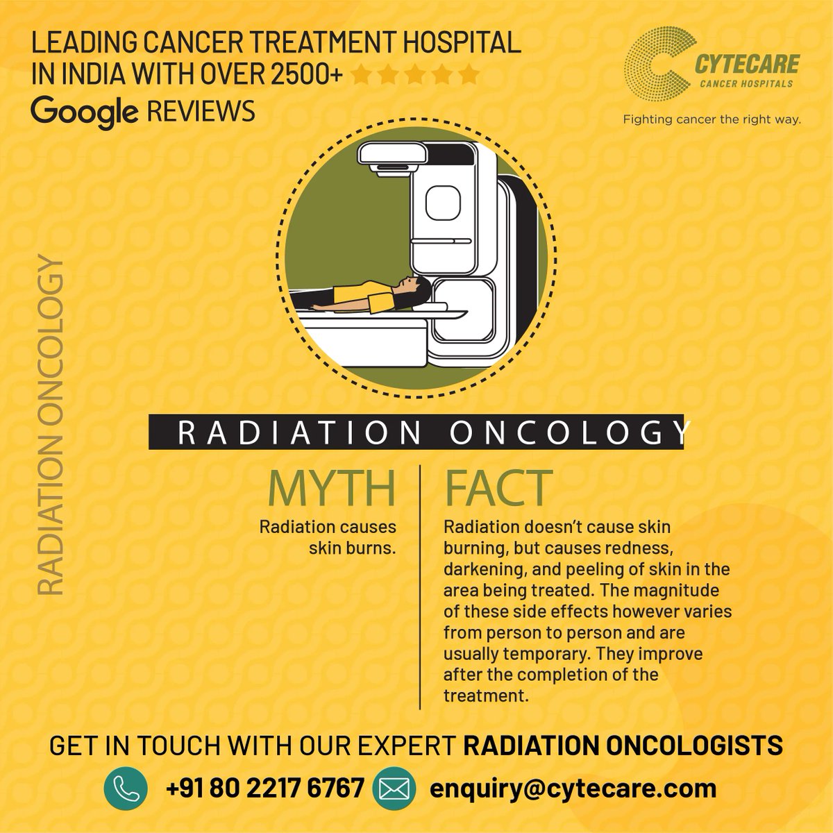 Do you also think Radiation causes the skin to burn?

This is a Myth.

The actual truth is that it may cause temporary redness, darkening or peeling of the skin in the area being treated.

#cancer #radiationmyth #myths #cancermyths #Cytecare #radiationoncology #cancerpatient