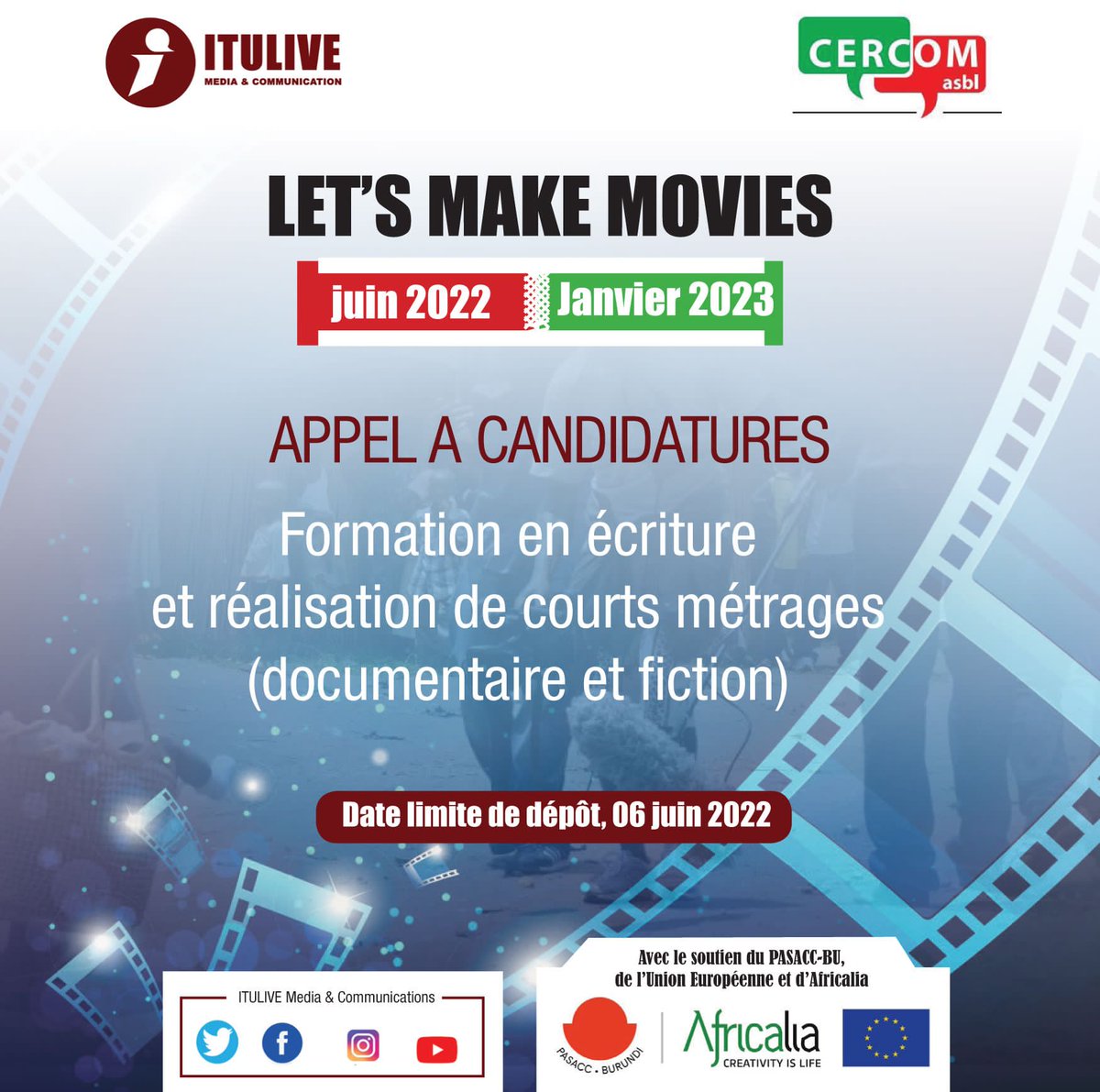 akezanet's tweet photo. Intitulée « Let’s Make Movies », cette formation va s’étendre sur une période de 6 mois, soit de Juin 2022 à Janvier 2023. La date limite de dépôt de candidatures est fixée au 6 Juin 2022.
#lesbeautesdecheznous #akezanet #Film #Burundi https://t.co/tA0mrn8Xl8