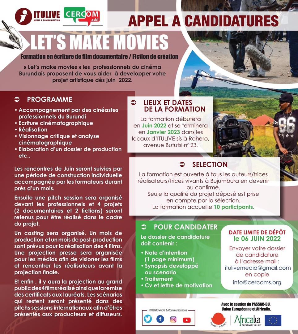 akezanet's tweet photo. Intitulée « Let’s Make Movies », cette formation va s’étendre sur une période de 6 mois, soit de Juin 2022 à Janvier 2023. La date limite de dépôt de candidatures est fixée au 6 Juin 2022.
#lesbeautesdecheznous #akezanet #Film #Burundi https://t.co/tA0mrn8Xl8