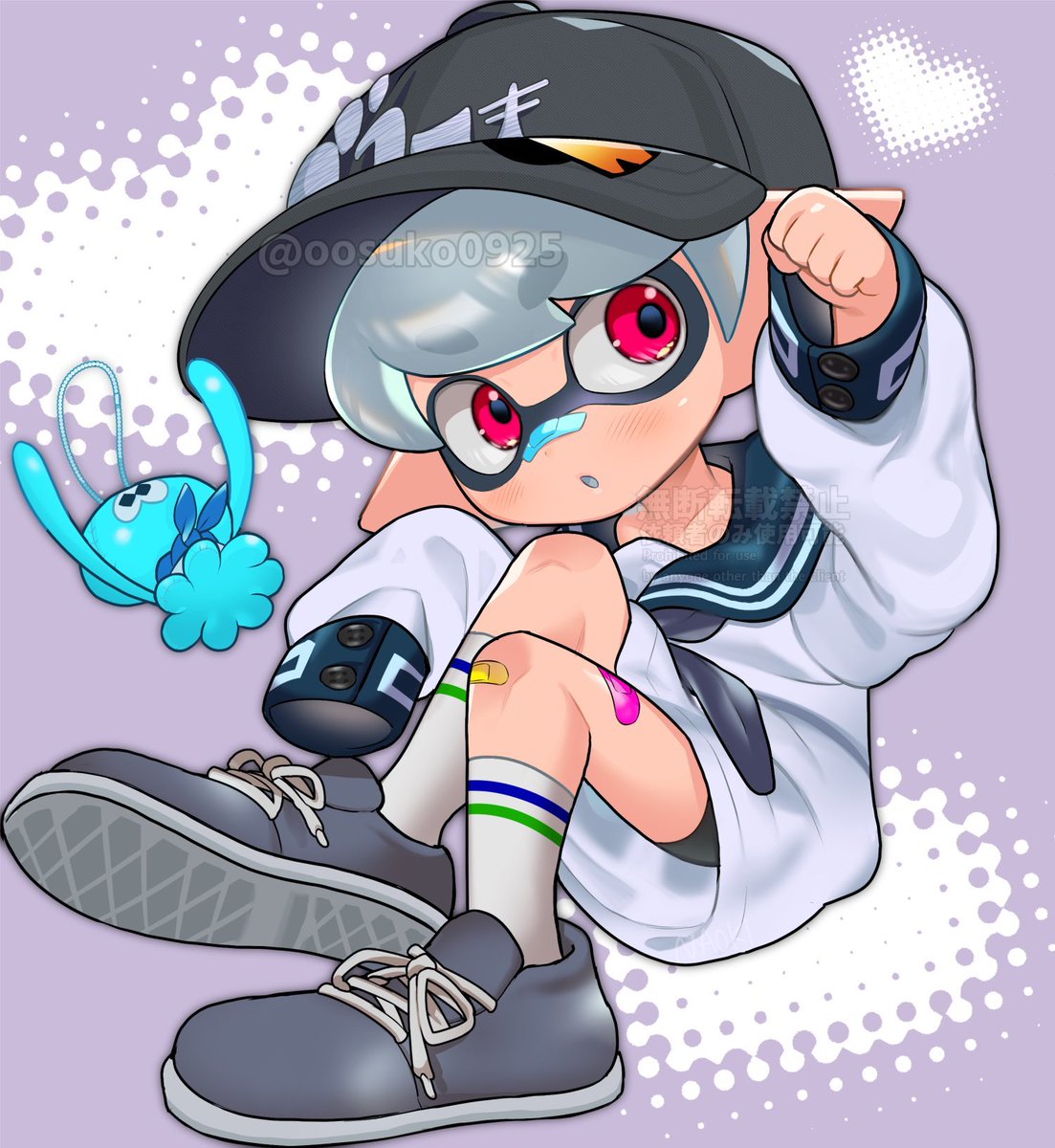 inkling bandaid hat pointy ears shoes bandaid on leg red eyes male focus  illustration images