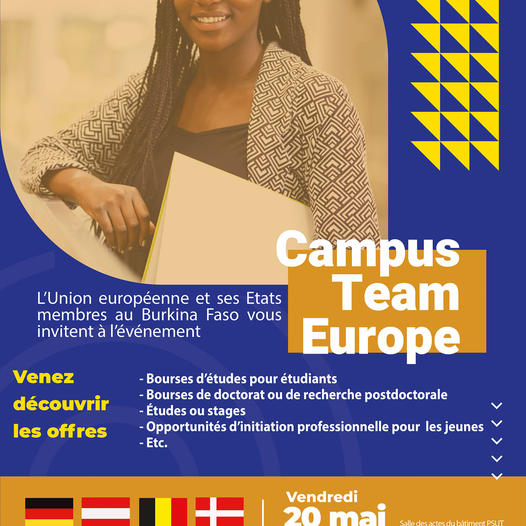 Are you located in Burkina Faso and perhaps a #DanidaFellow and  interested in the possibilities offered by the Erasmus + program?
Then come to the 'Team Europe Campus' taking place on Friday, May 20 at Joseph Ki-Zerbo University #TeamEurope: cutt.ly/9HUrRVR